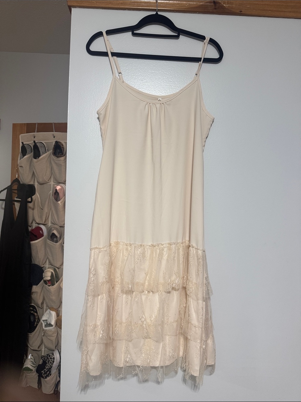Source Unknown Beige Lace-Tier Slip Midi Dress